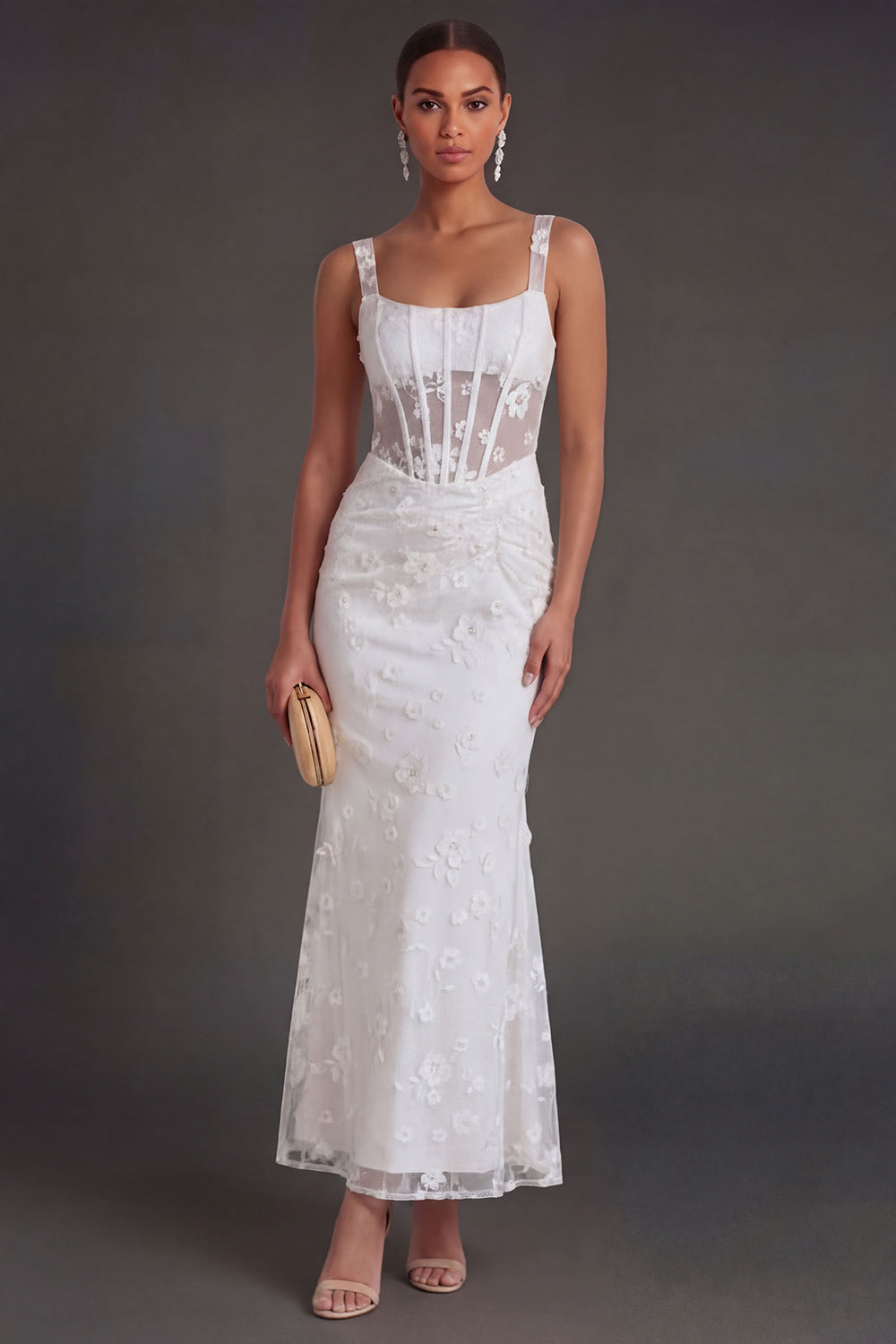 Floral White Sheath Thick Straps Corset Ruched Midi Engagement Dress