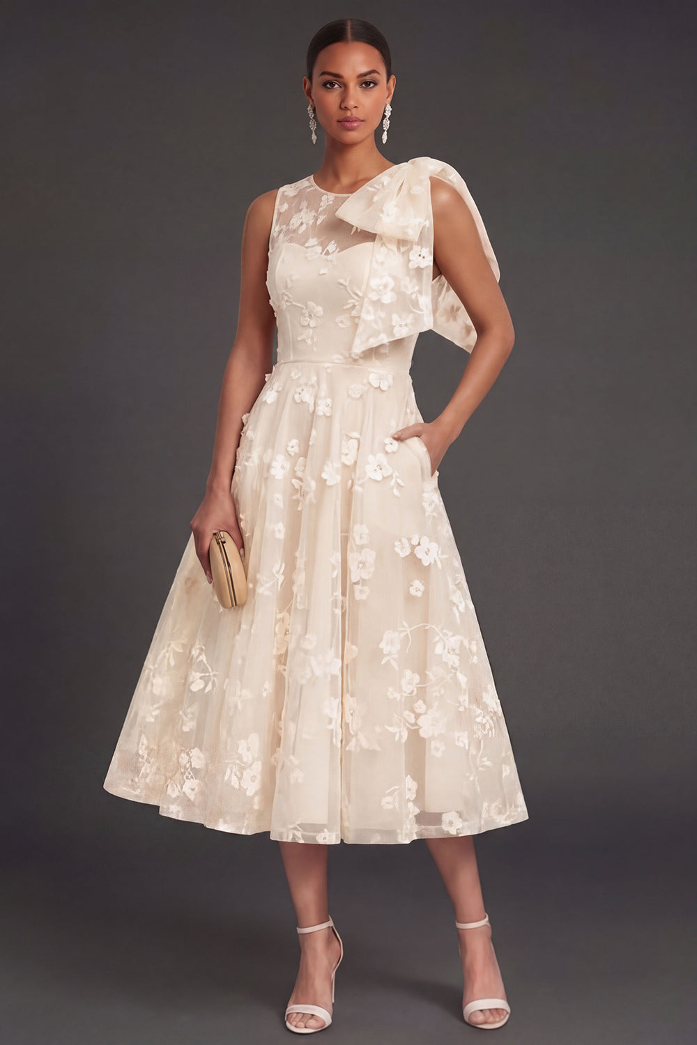White Floral A Line Appliqued Midi Engagement Dress with Bow