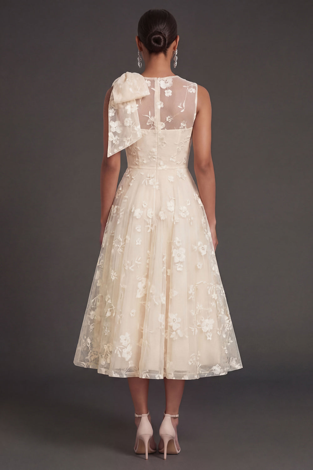 White Floral A Line Appliqued Midi Engagement Dress with Bow