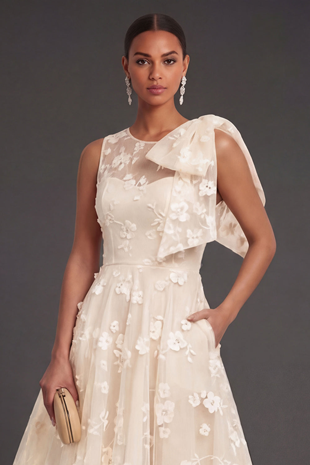White Floral A Line Appliqued Midi Engagement Dress with Bow