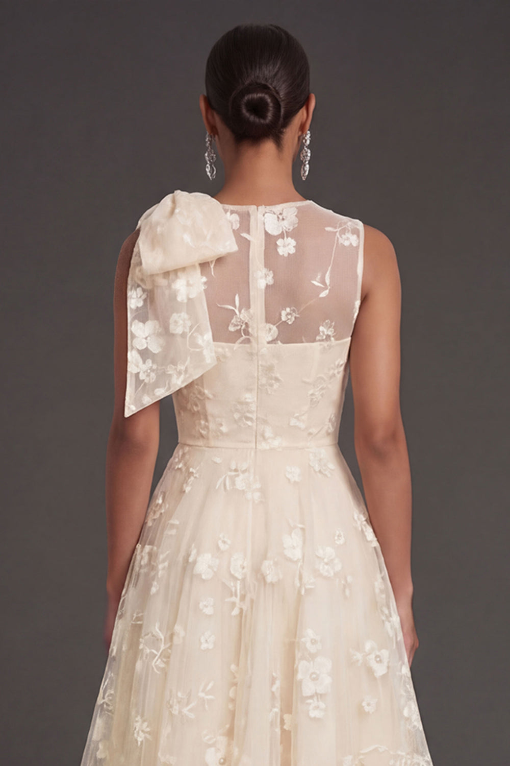 White Floral A Line Appliqued Midi Engagement Dress with Bow