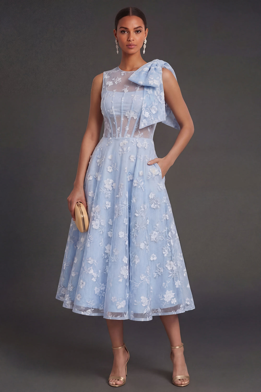 Blue Floral A Line Appliqued Midi Beach Wedding Guest Dress with Bow