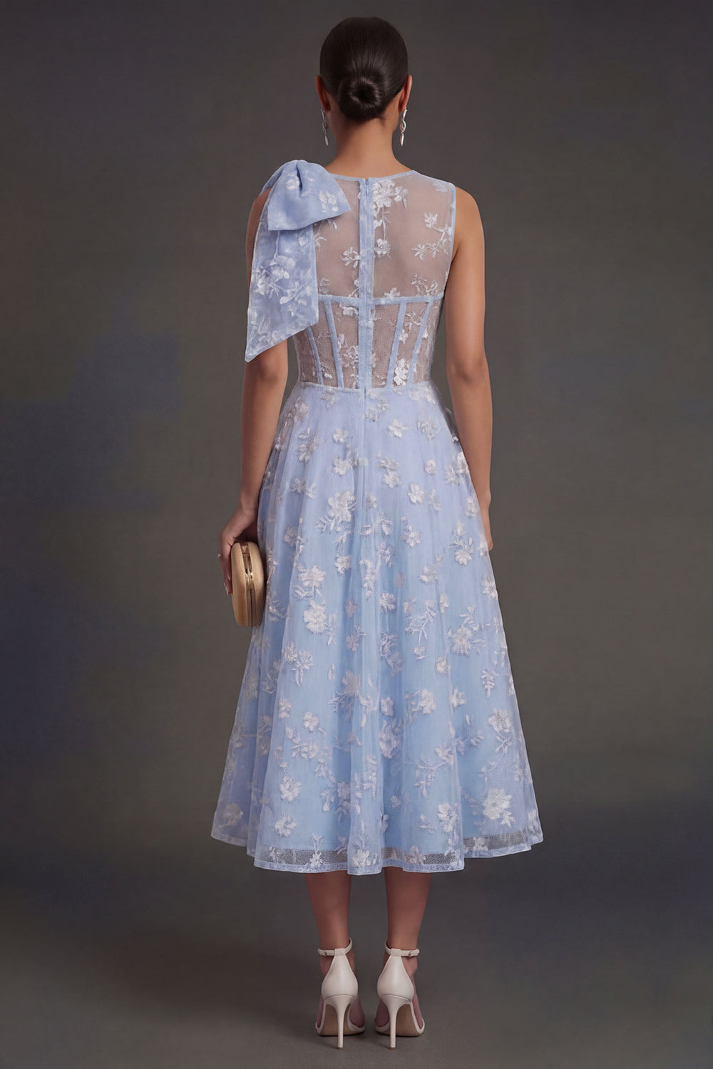 Blue Floral A Line Appliqued Midi Beach Wedding Guest Dress with Bow