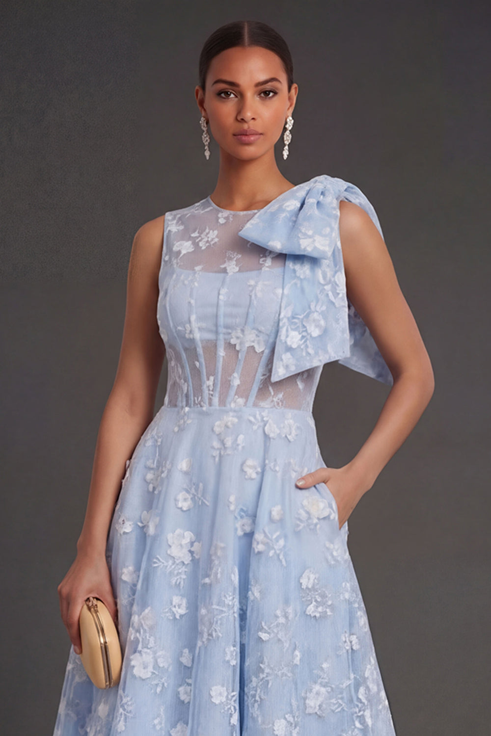 White Floral A Line Appliqued Midi Engagement Dress with Bow
