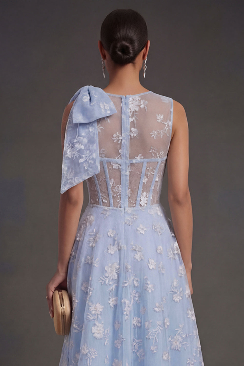 White Floral A Line Appliqued Midi Engagement Dress with Bow