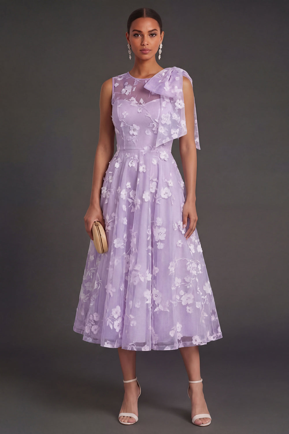 White Floral A Line Appliqued Midi Engagement Dress with Bow