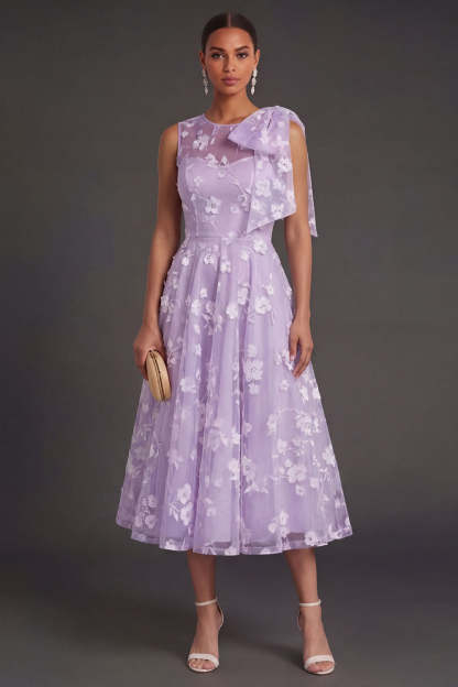 White Floral A Line Appliqued Midi Engagement Dress with Bow
