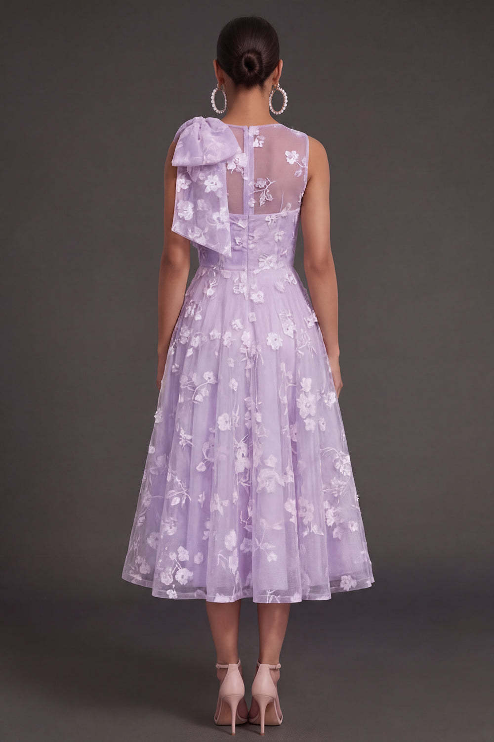 White Floral A Line Appliqued Midi Engagement Dress with Bow