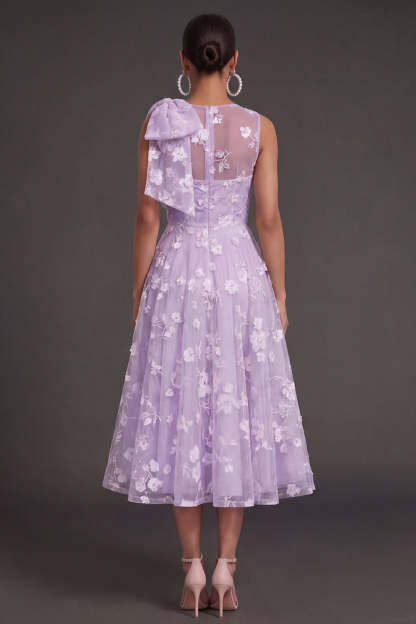 White Floral A Line Appliqued Midi Engagement Dress with Bow