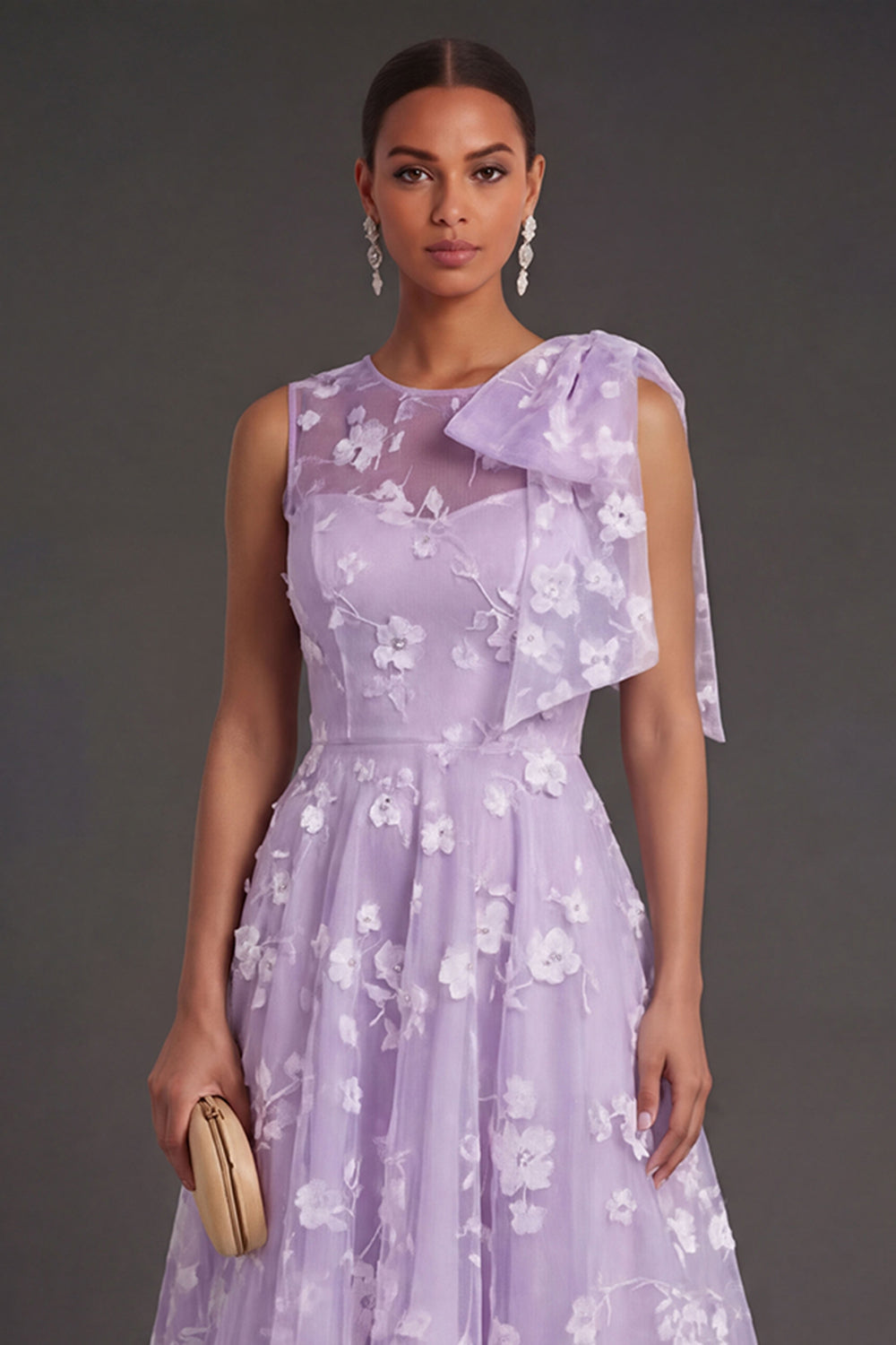 White Floral A Line Appliqued Midi Engagement Dress with Bow