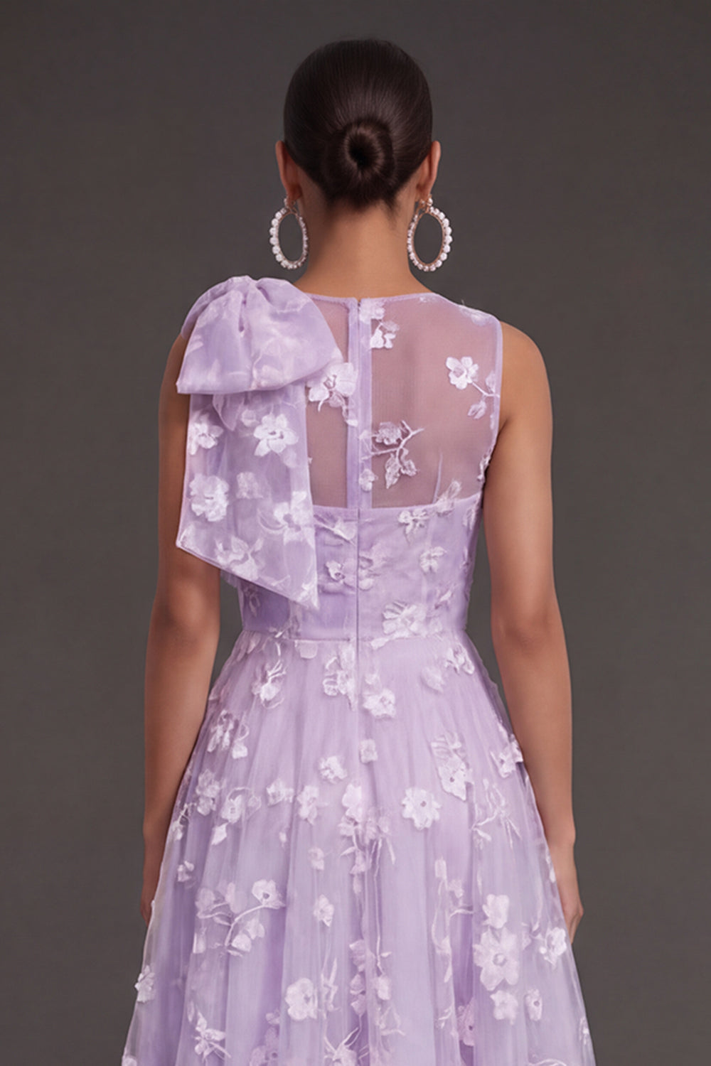 White Floral A Line Appliqued Midi Engagement Dress with Bow