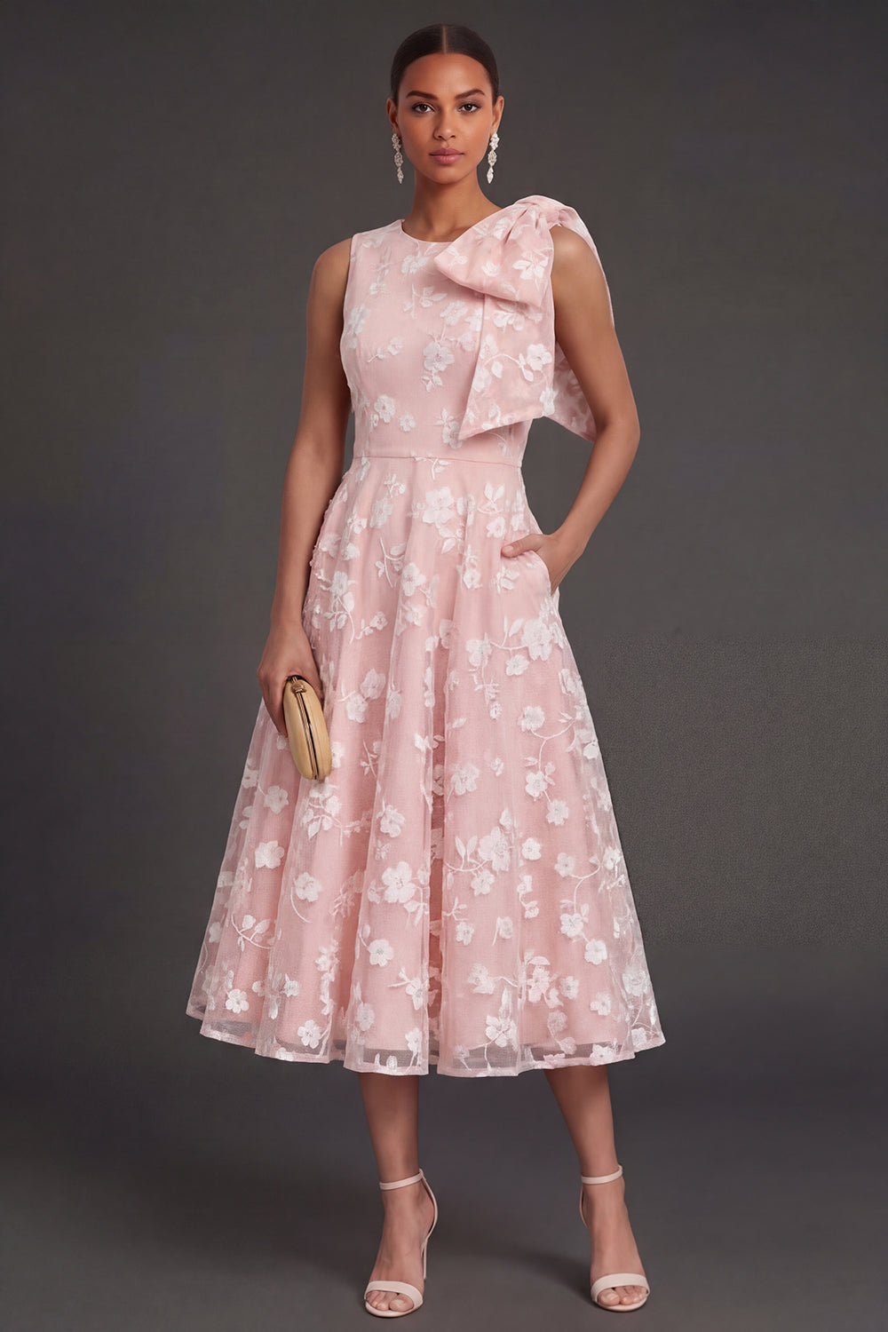 White Floral A Line Appliqued Midi Engagement Dress with Bow