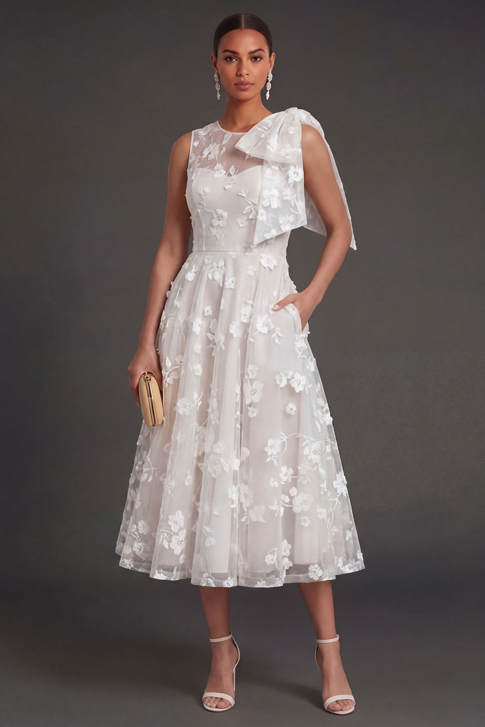 White Floral A Line Appliqued Midi Engagement Dress with Bow