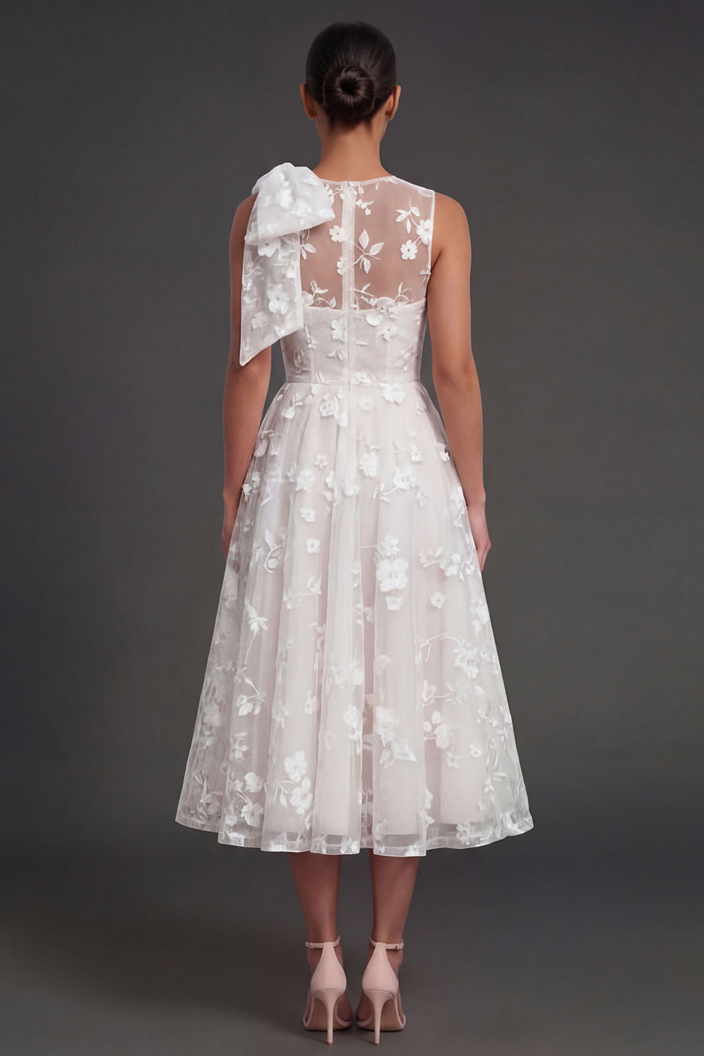 White Floral A Line Appliqued Midi Engagement Dress with Bow