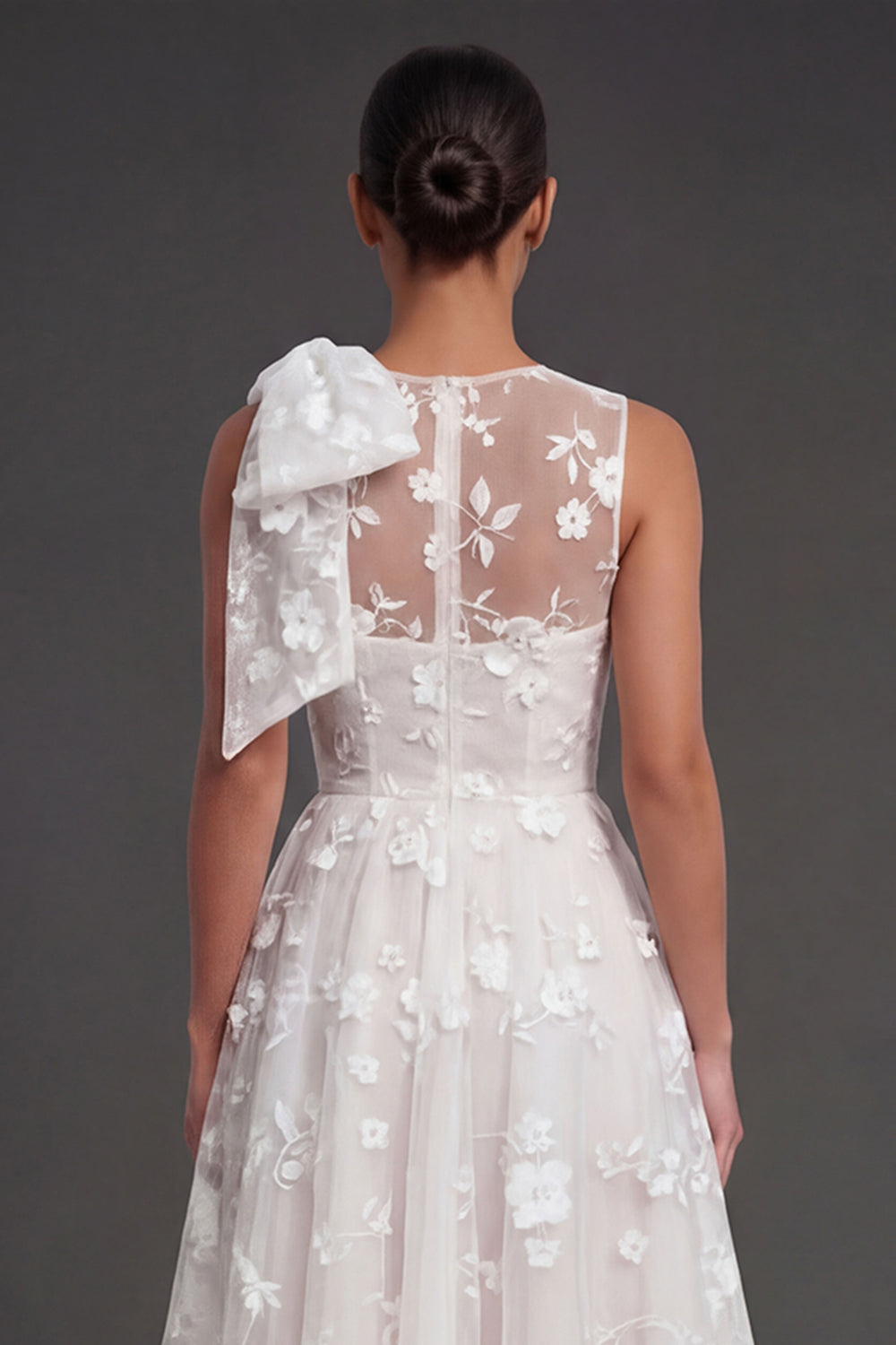White Floral A Line Appliqued Midi Engagement Dress with Bow