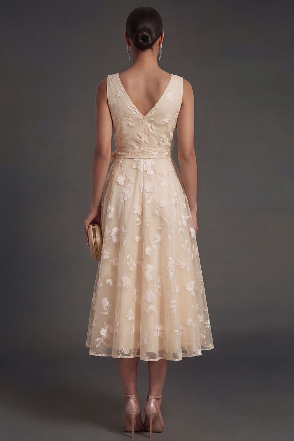 A Line Floral White V Neck Ruched Midi Beach Engagement Dress