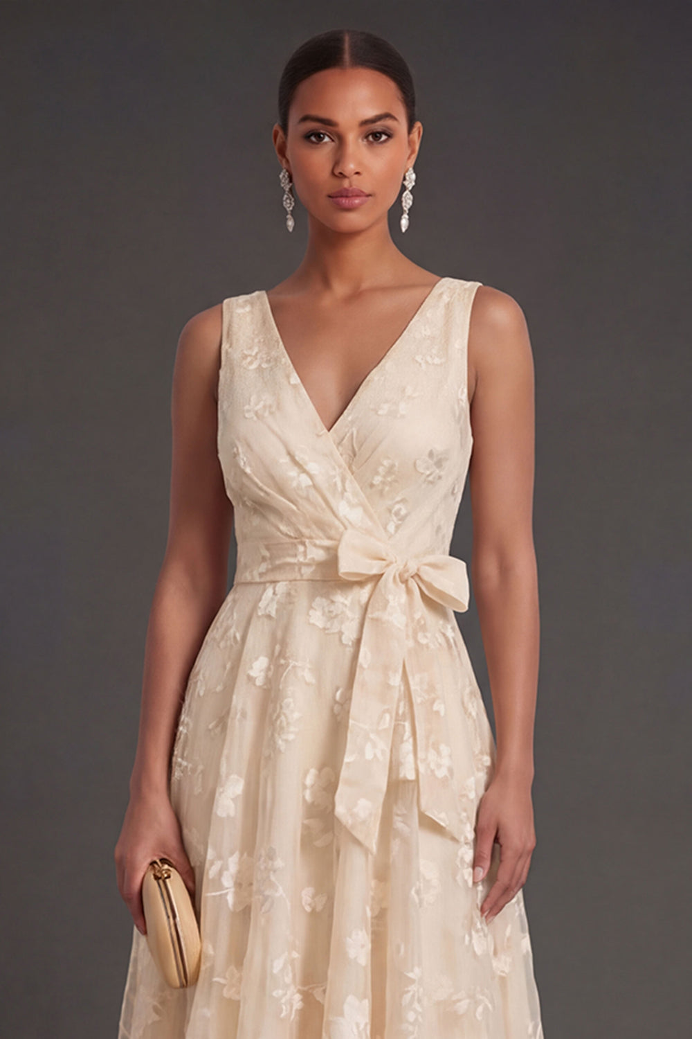 A Line Floral White V Neck Ruched Midi Beach Engagement Dress
