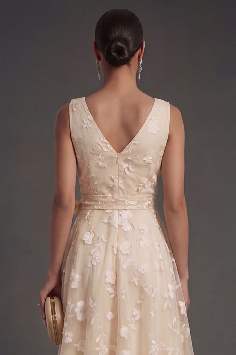 A Line Floral White V Neck Ruched Midi Beach Engagement Dress