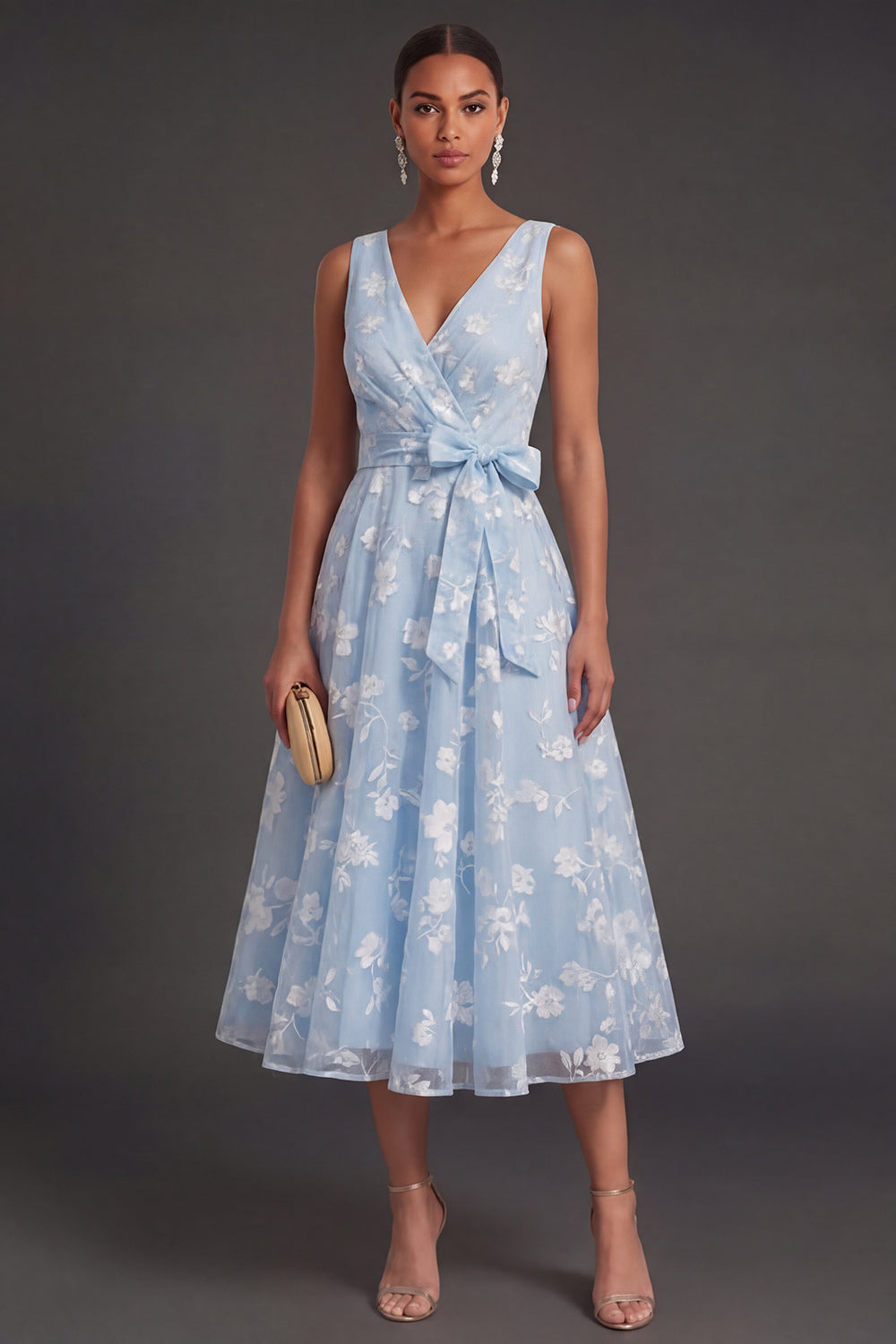 Blue A Line Floral V Neck Ruched Midi Beach Wedding Guest Dress
