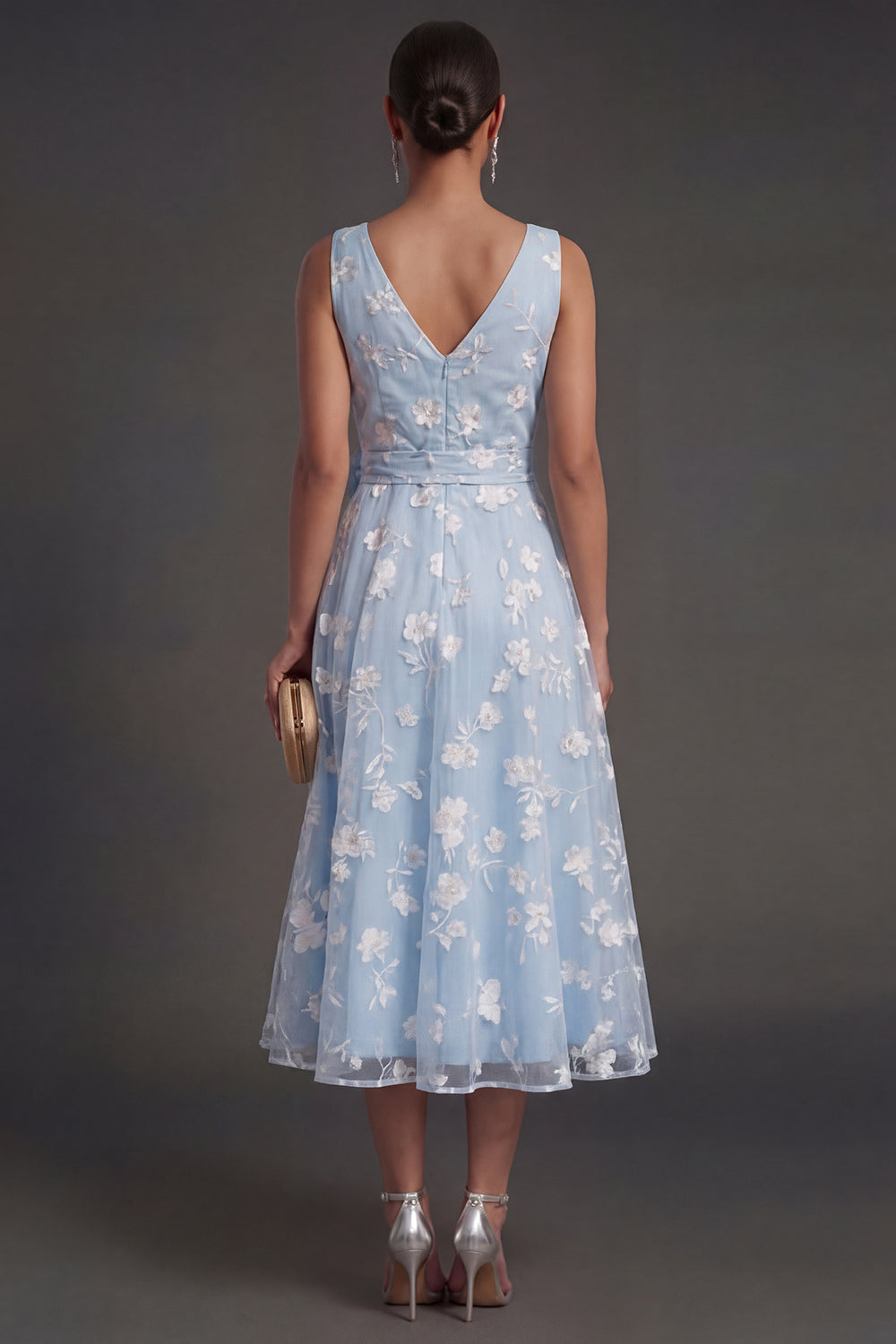 Blue A Line Floral V Neck Ruched Midi Beach Wedding Guest Dress