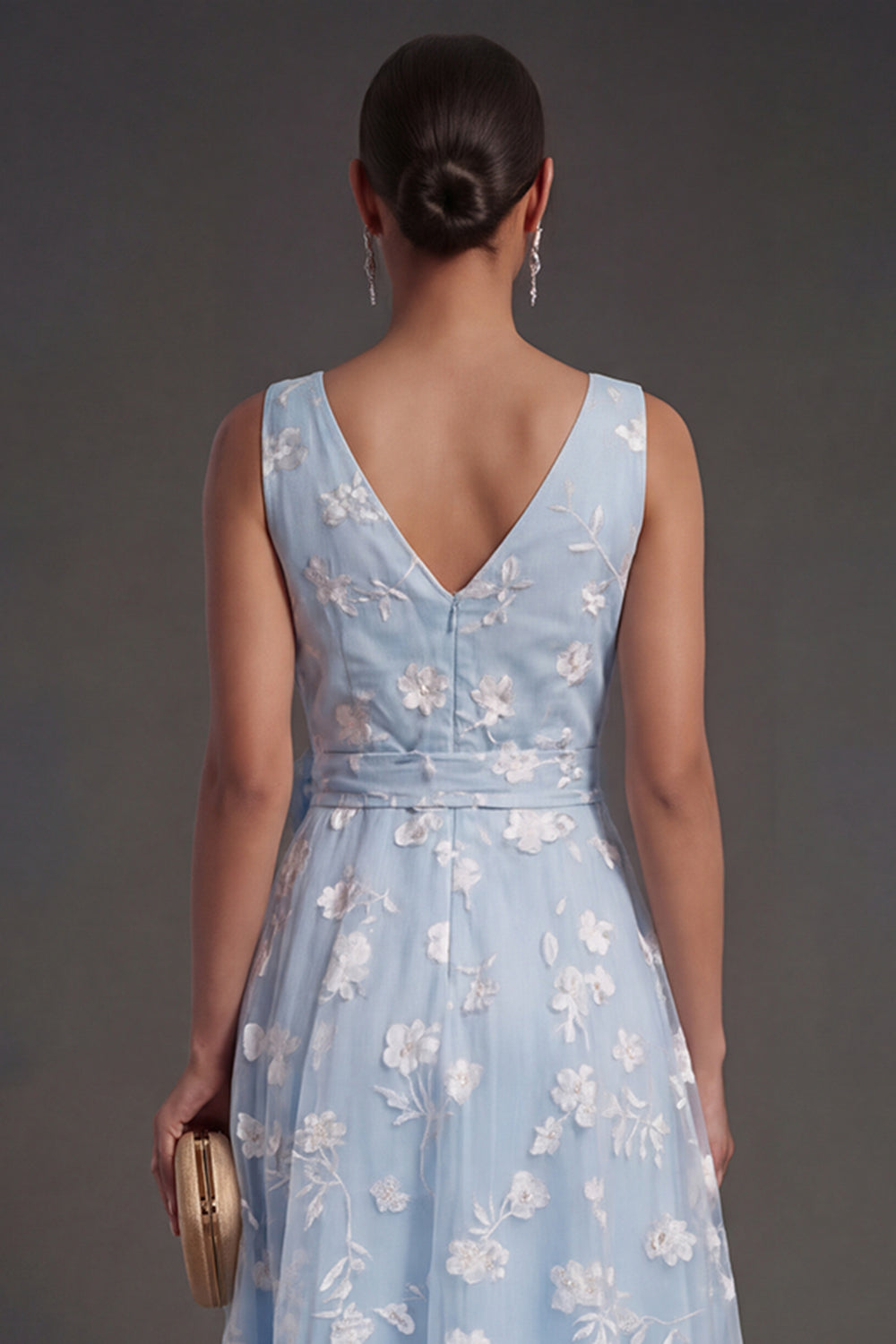 A Line Floral White V Neck Ruched Midi Beach Engagement Dress