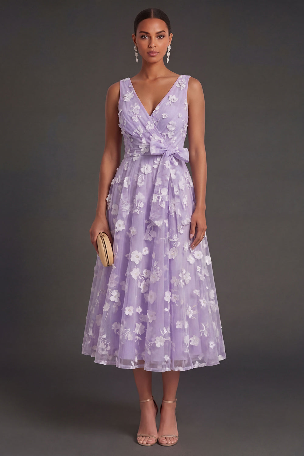 A Line Floral White V Neck Ruched Midi Beach Engagement Dress