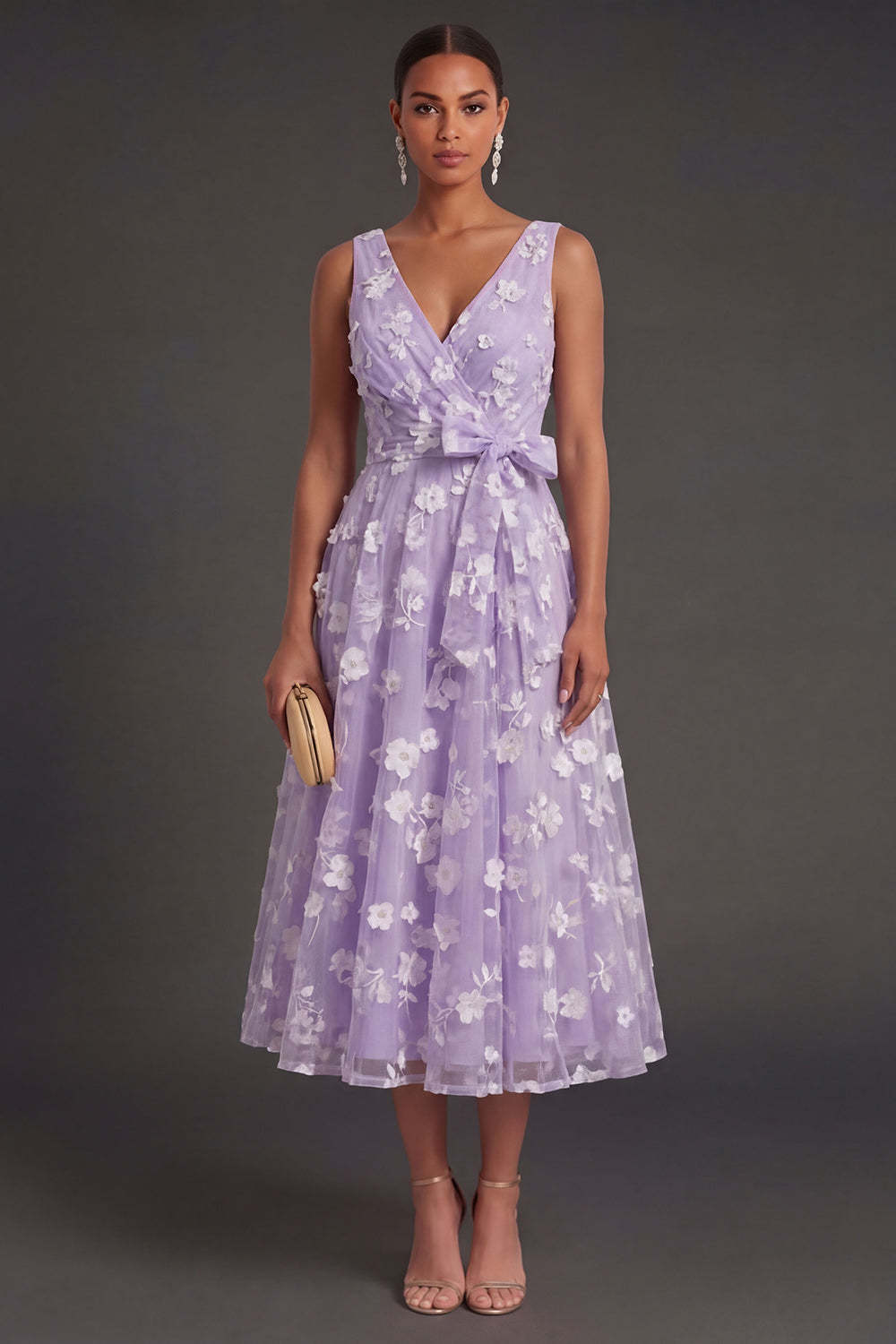 A Line Floral White V Neck Ruched Midi Beach Engagement Dress