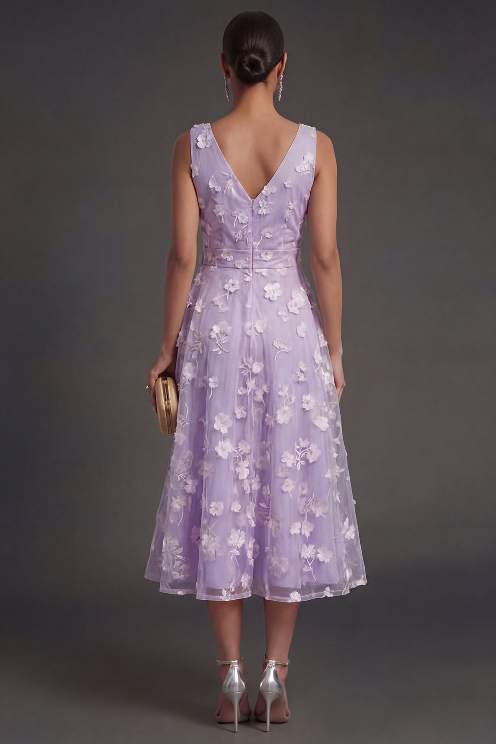 A Line Floral White V Neck Ruched Midi Beach Engagement Dress