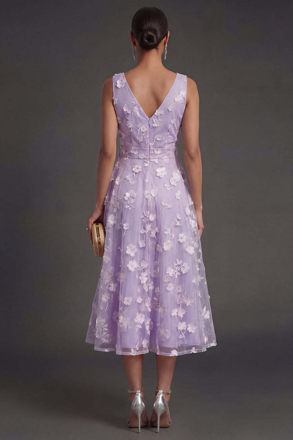 A Line Floral White V Neck Ruched Midi Beach Engagement Dress
