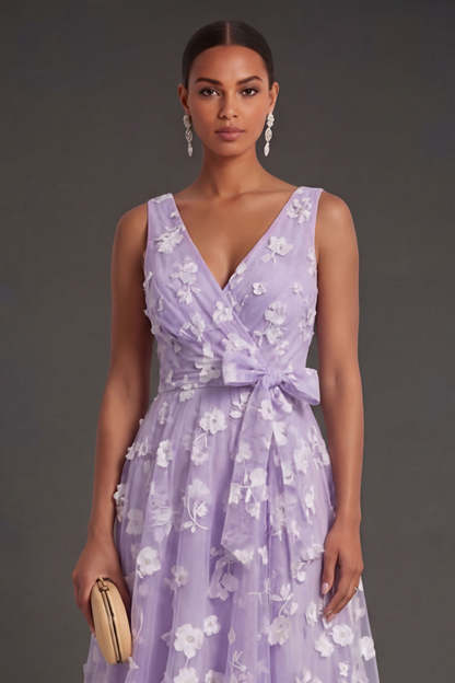 A Line Floral White V Neck Ruched Midi Beach Engagement Dress