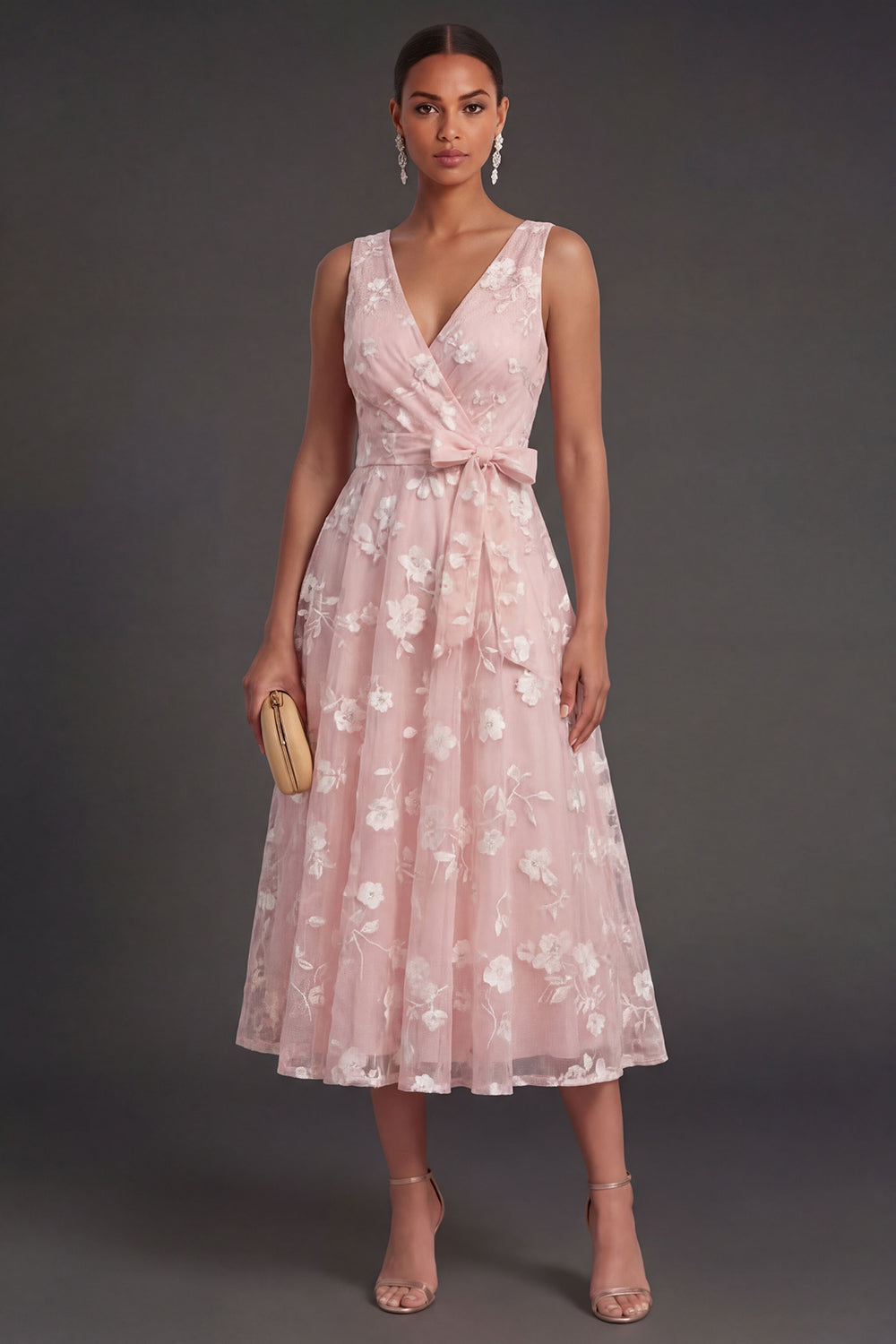 A Line Floral White V Neck Ruched Midi Beach Engagement Dress