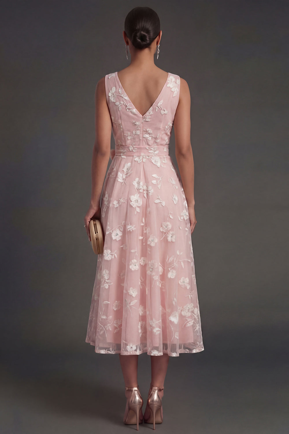 A Line Floral White V Neck Ruched Midi Beach Engagement Dress