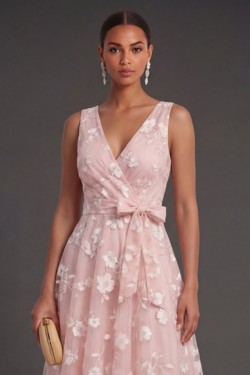 A Line Floral White V Neck Ruched Midi Beach Engagement Dress