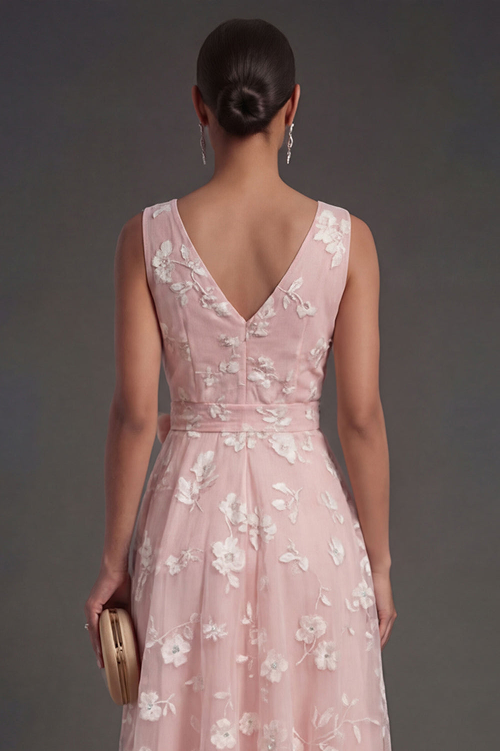 A Line Floral White V Neck Ruched Midi Beach Engagement Dress