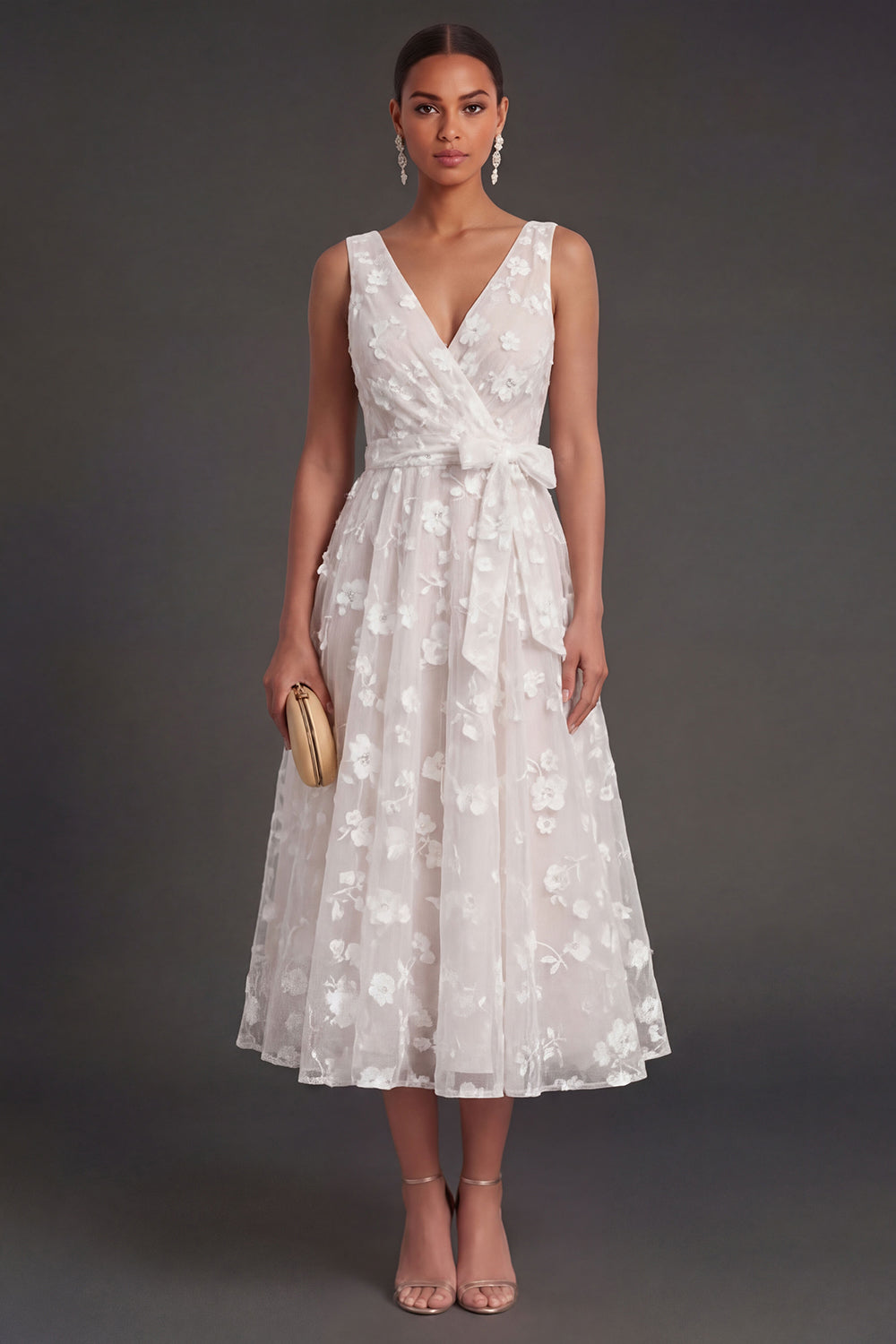 A Line Floral White V Neck Ruched Midi Beach Engagement Dress