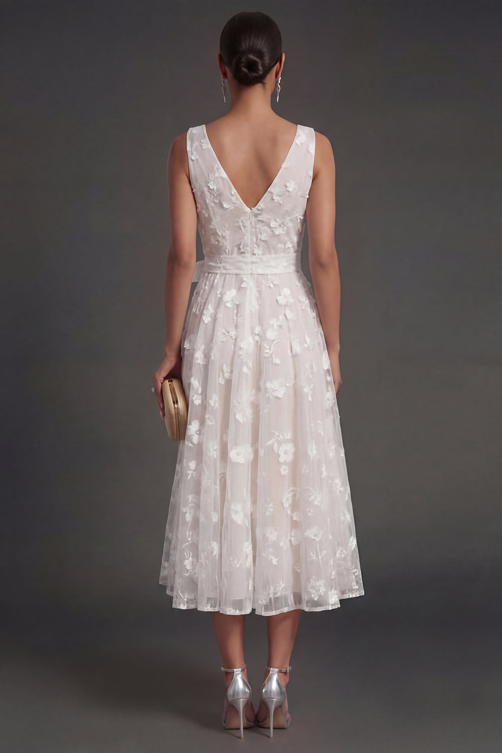 A Line Floral White V Neck Ruched Midi Beach Engagement Dress