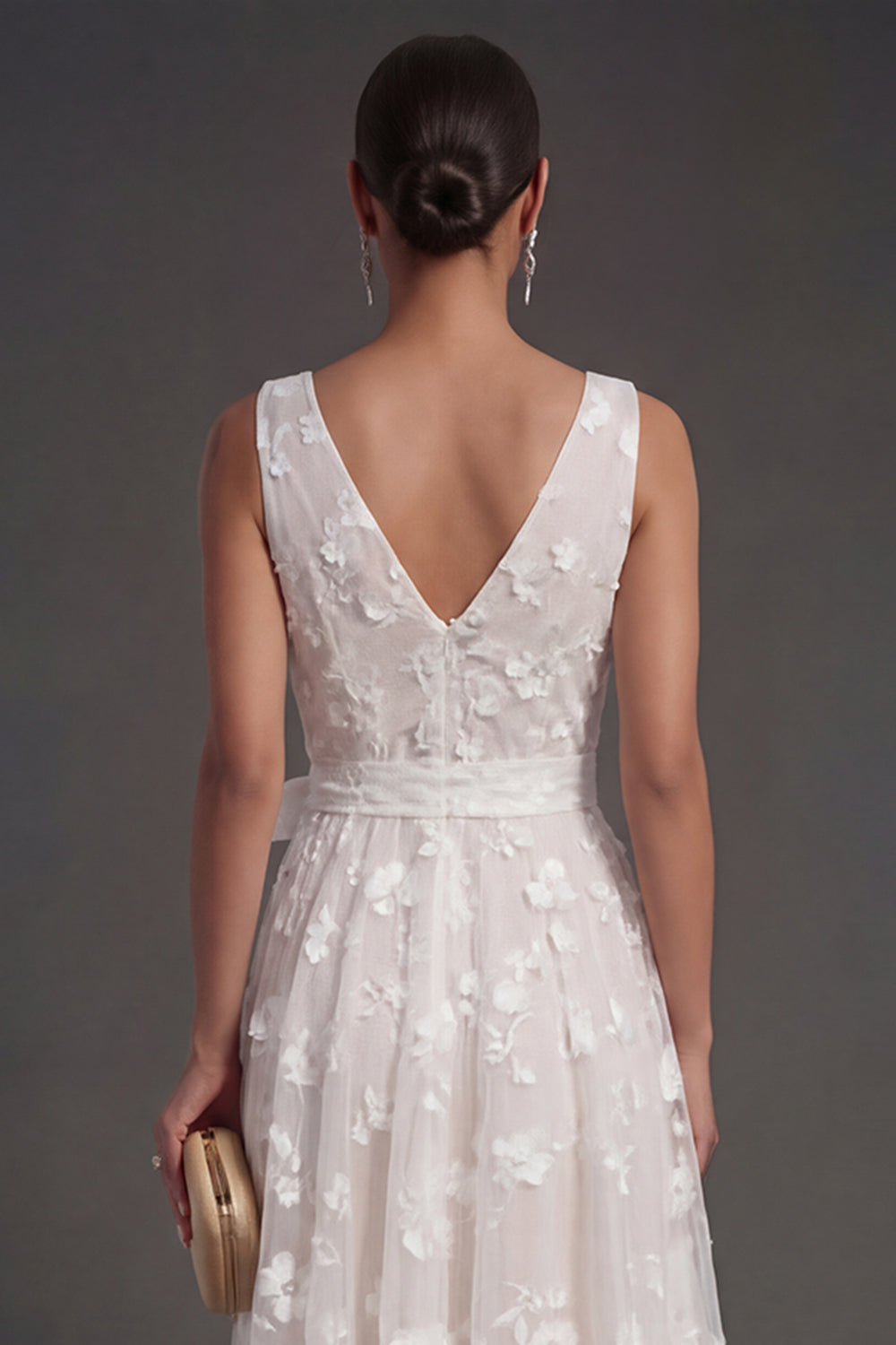 A Line Floral White V Neck Ruched Midi Beach Engagement Dress