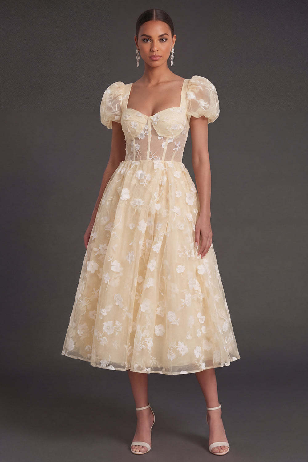 Blue Floral Corset Puff Sleeves Midi Beach Wedding Guest Dress