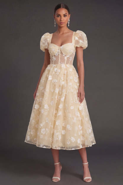 Blue Floral Corset Puff Sleeves Midi Beach Wedding Guest Dress