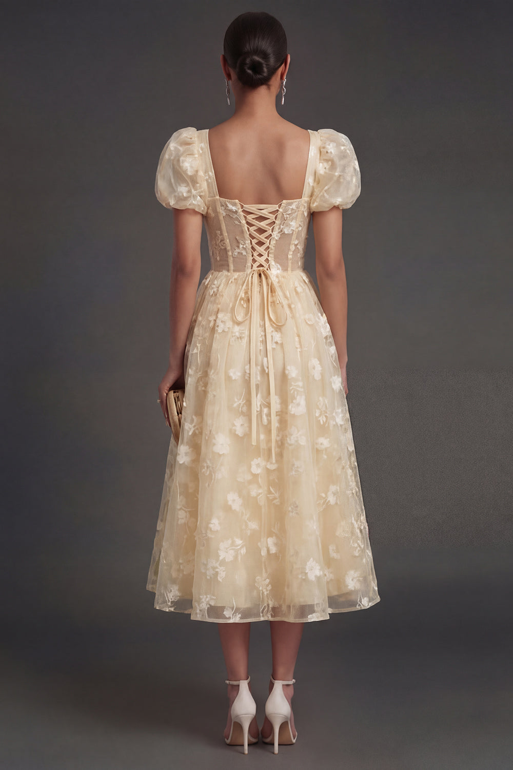 corset wedding guest dresses with sleeves Zapaka Women Floral Midi Dress with Ruffles A-Line Tulle Champagne Off the Shoulder Embroidered Corset Lace-Up Back Wedding Guest Dress, Champagne /