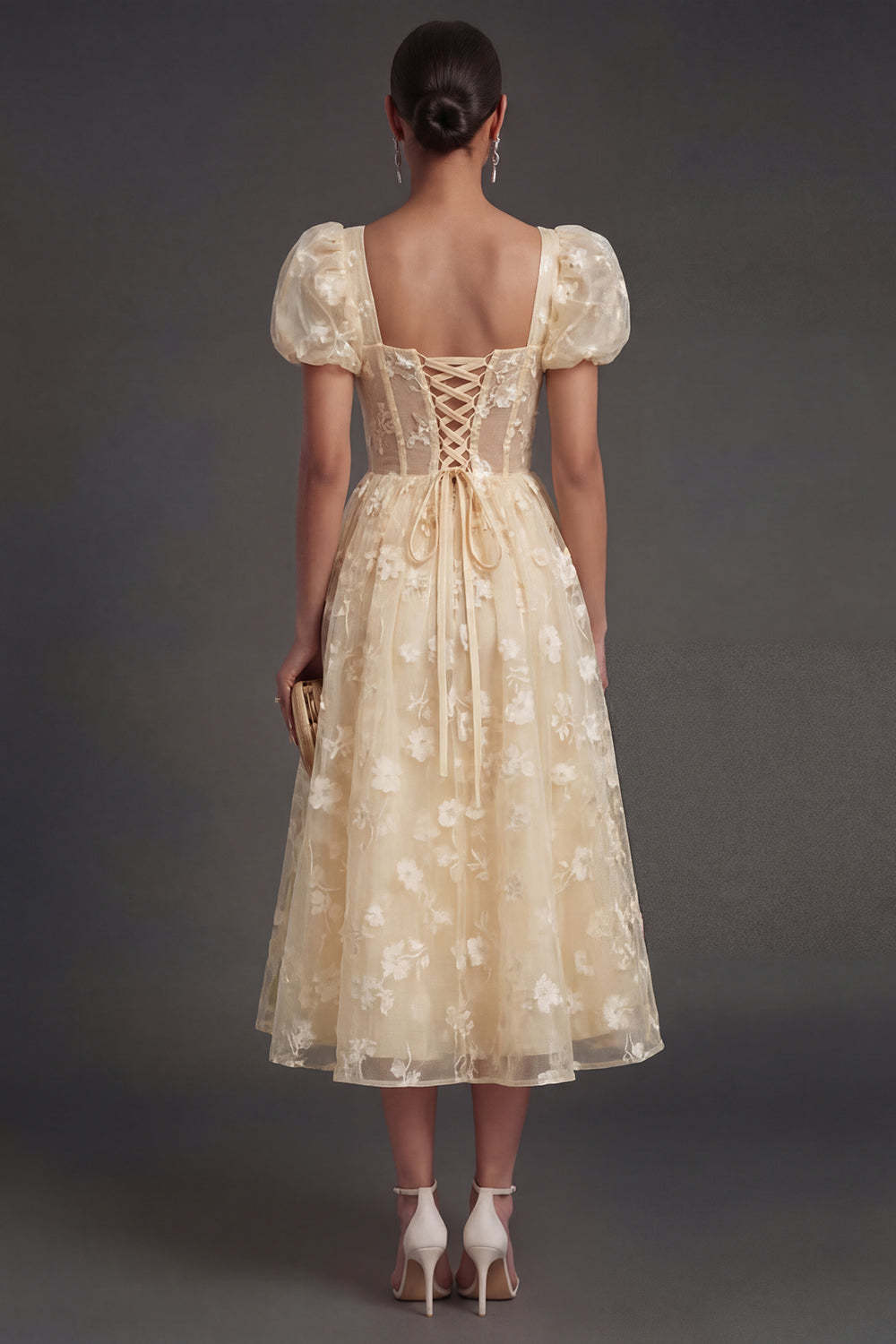 Blue Floral Corset Puff Sleeves Midi Beach Wedding Guest Dress