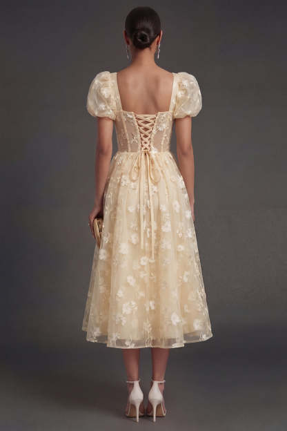 Blue Floral Corset Puff Sleeves Midi Beach Wedding Guest Dress