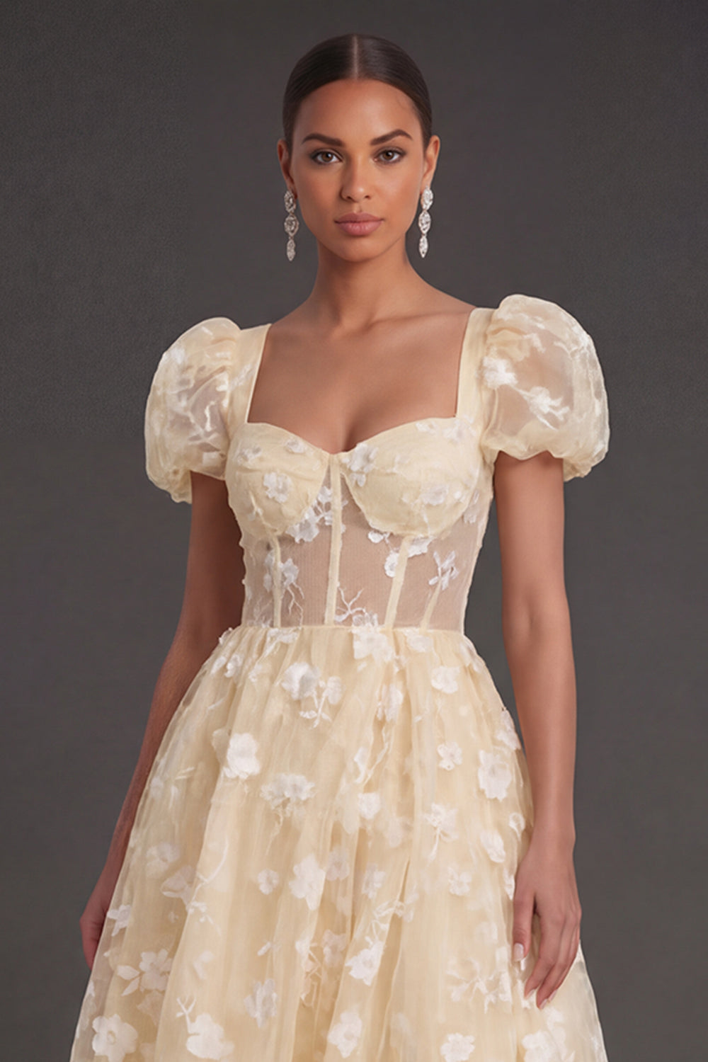 Blue Floral Corset Puff Sleeves Midi Beach Wedding Guest Dress