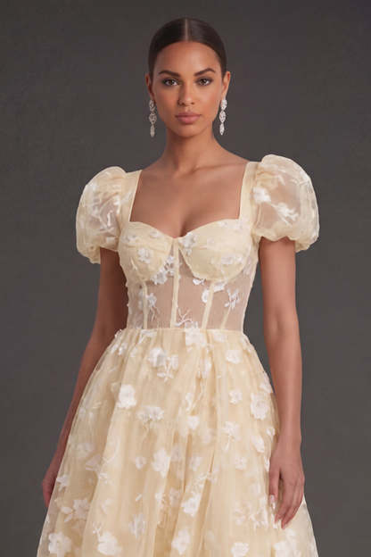 Blue Floral Corset Puff Sleeves Midi Beach Wedding Guest Dress