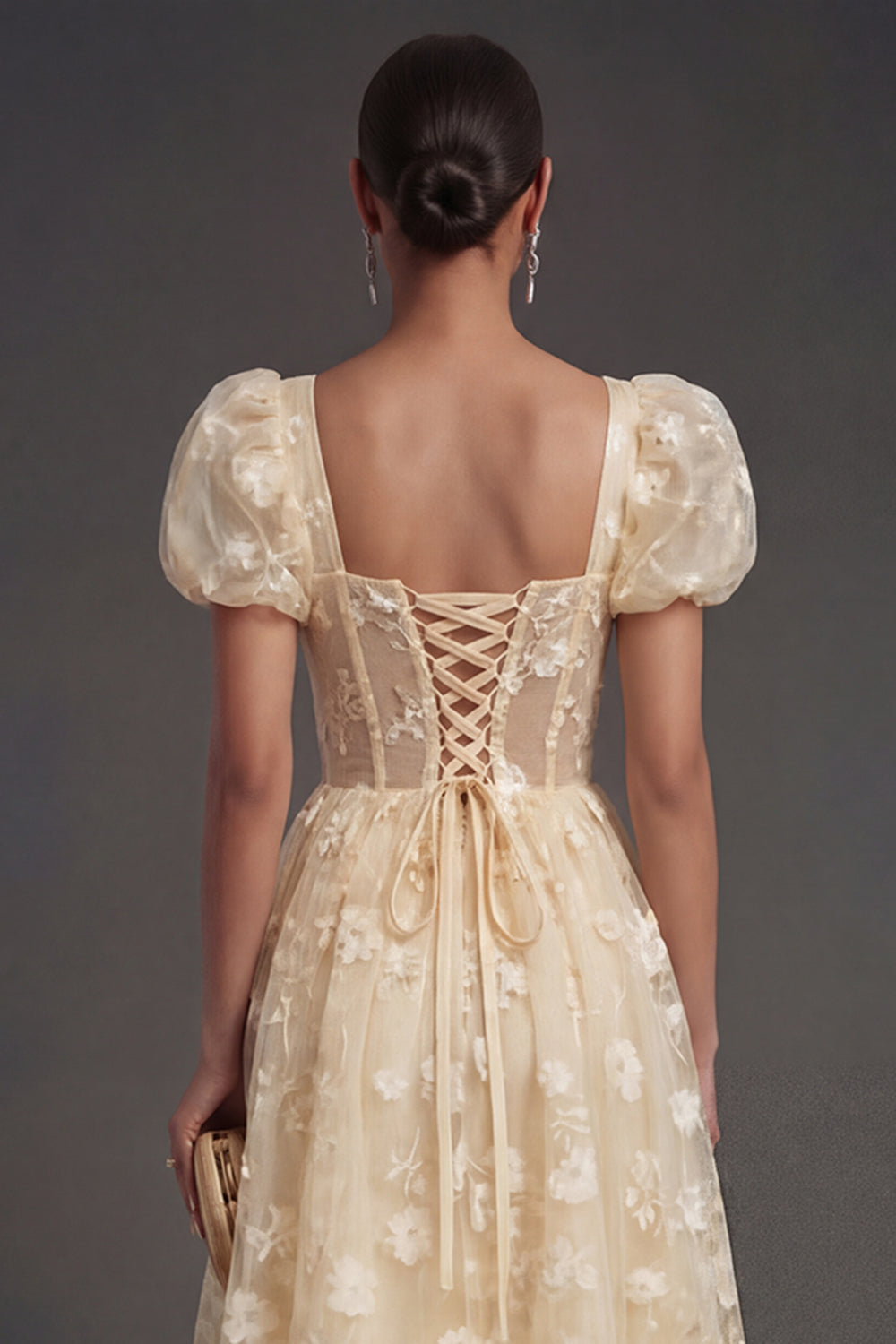 Blue Floral Corset Puff Sleeves Midi Beach Wedding Guest Dress