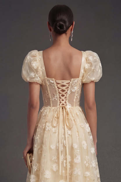 Blue Floral Corset Puff Sleeves Midi Beach Wedding Guest Dress