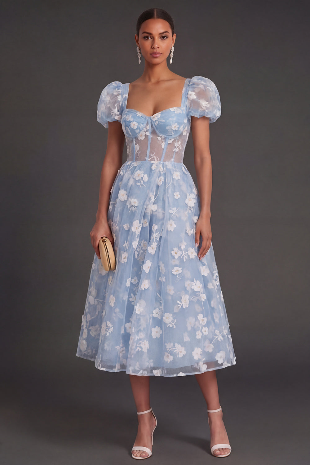 Blue Floral Corset Puff Sleeves Midi Beach Wedding Guest Dress