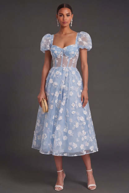 Leely Women Blue Floral Corset Midi Beach Wedding Guest Dress Puff Sleeves Sweetheart Garden Party Dress