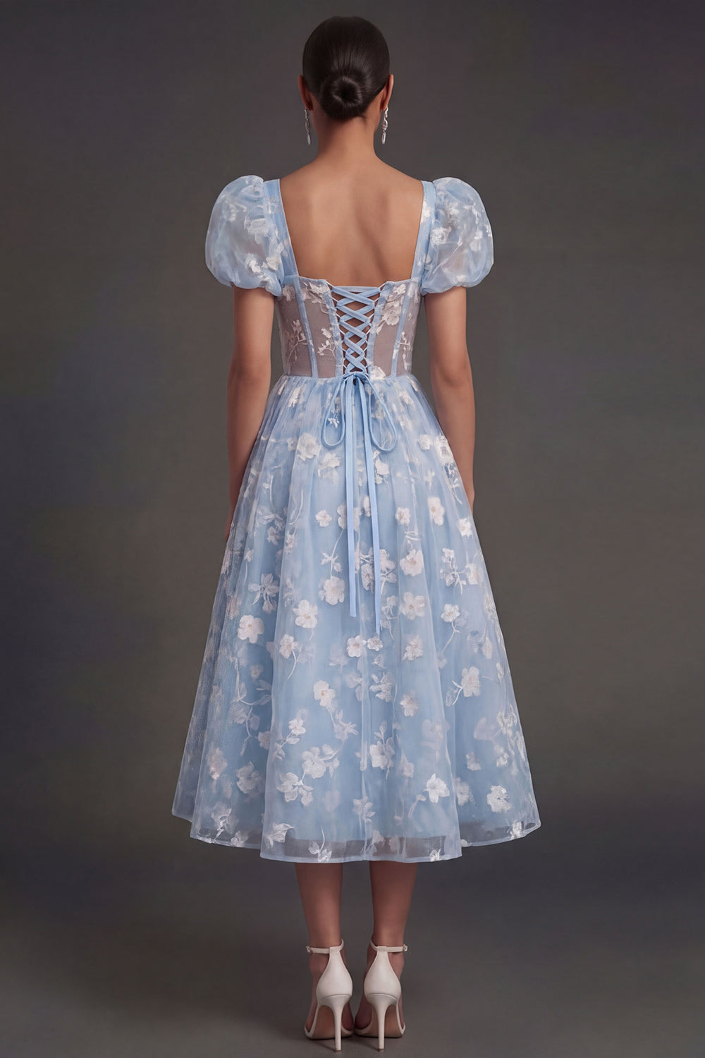 Blue Floral Corset Puff Sleeves Midi Beach Wedding Guest Dress