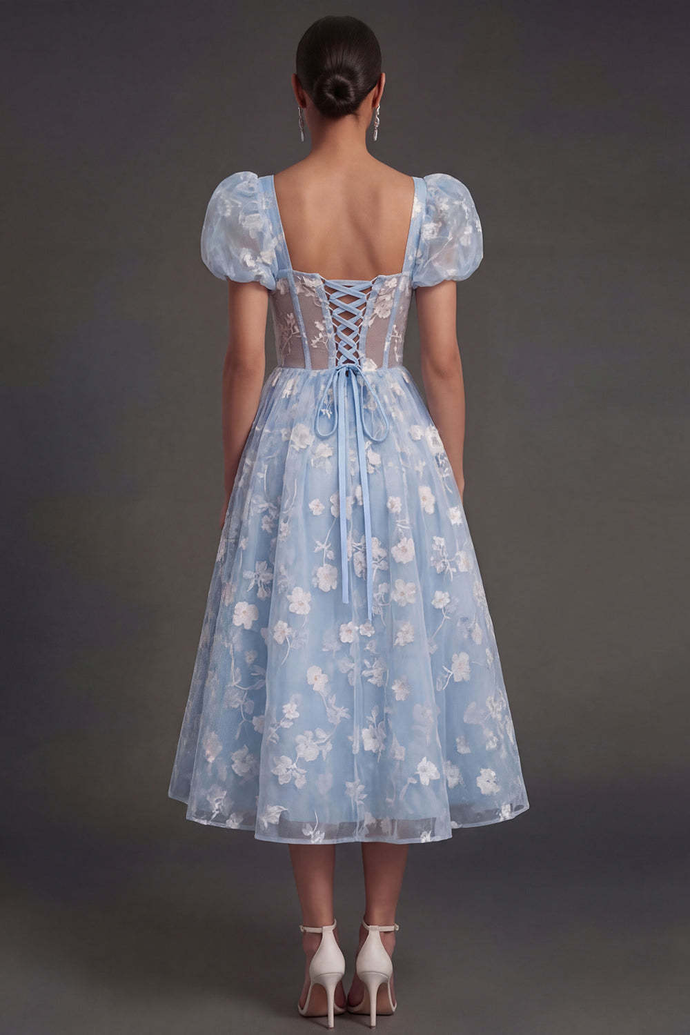 Blue Floral Corset Puff Sleeves Midi Beach Wedding Guest Dress